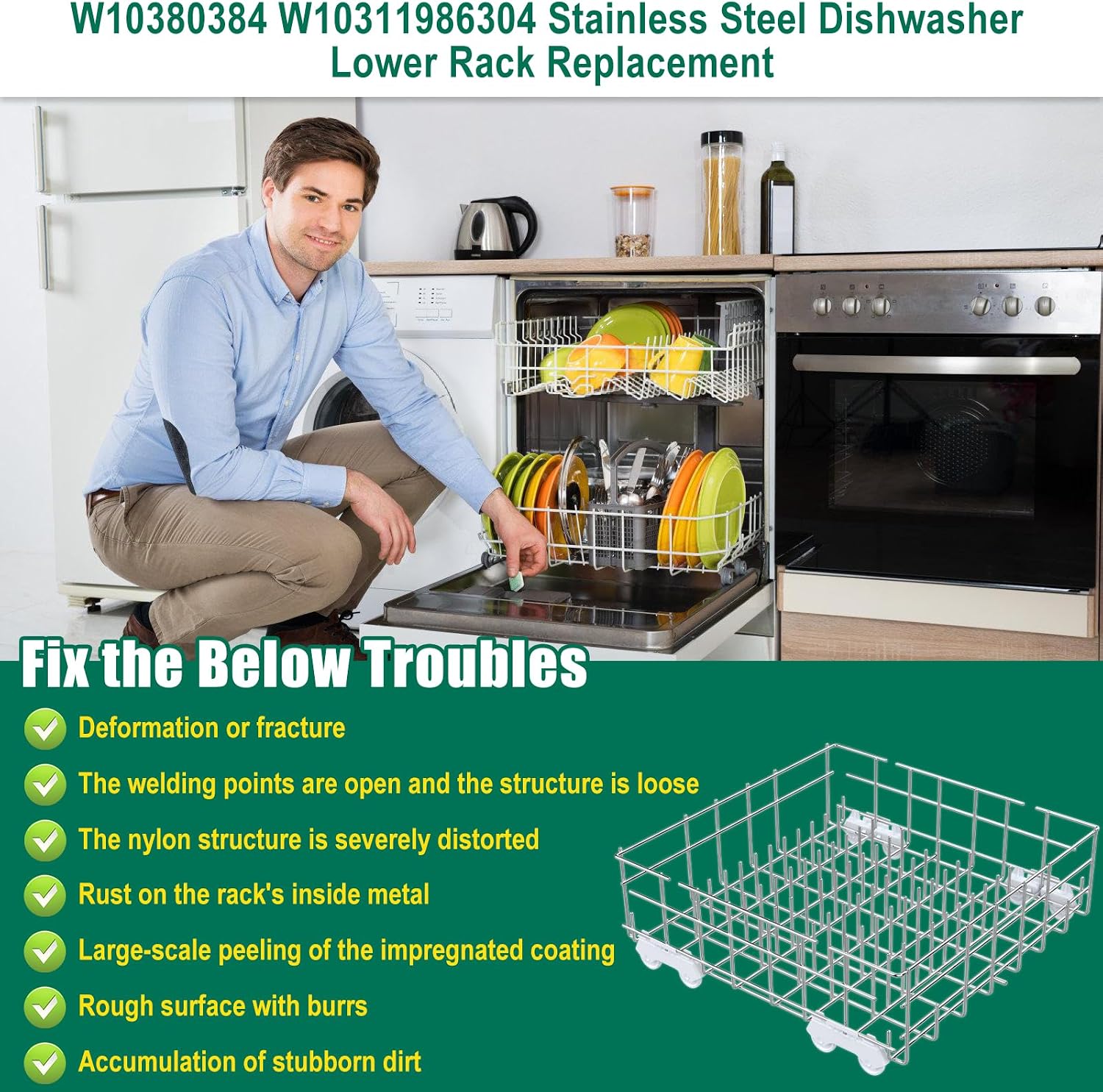 Upgraded 304 Stainless Steel W10311986 W10380384 Dishwasher Lower Rack Replacement for Whirlpool Dishwasher Bottom Rack 300563, DU911PCDQO with WP3376961 Wheels