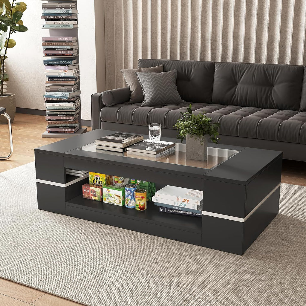 HedoAjim 47.2' Modern Stylish Coffee Table with Glass Table Top, Large Living Room Table Rectangular 2-Tier Center Tables with Storage, Wooden Cocktail Tea Tables for Dining Reception Room, Black