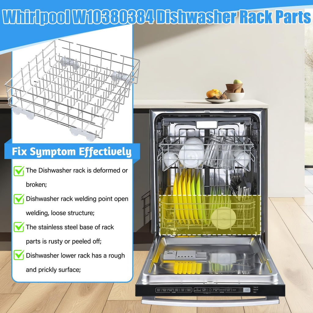 Upgrade W10311986/W10380384 Dishwasher Lower Dishrack Designed for Whirlpool Dishwasher Rack Parts WDT750SAHZ0 WDTA50SAHZ0 WDT970SAHZ0 WDT780SAEM with WP3376961 Wheels Dishwasher Bottom Rack
