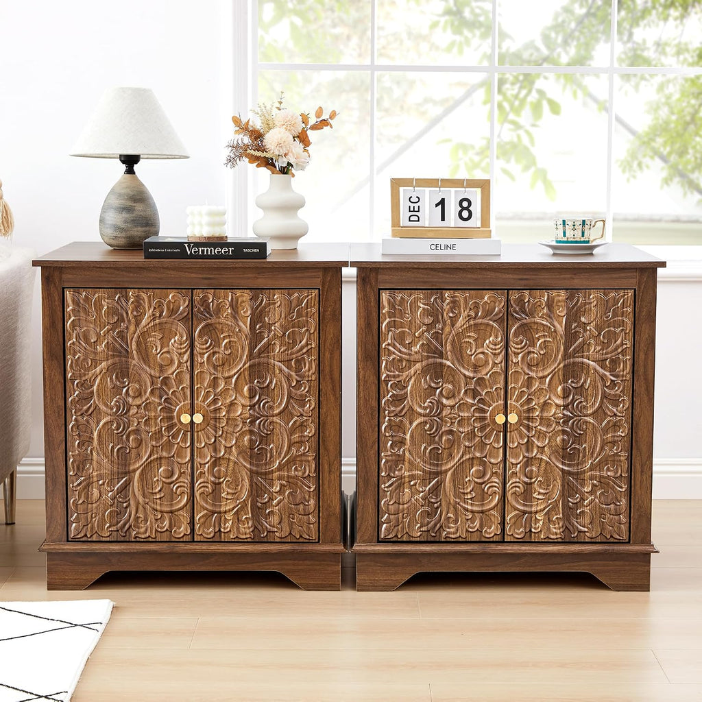 weselon End Table Set of 2, Carved Floral Square Nightstand with Adjustable Shelf, Farmhouse Wooden 2 Door Side Table for Living Room Bedroom (Walnut)