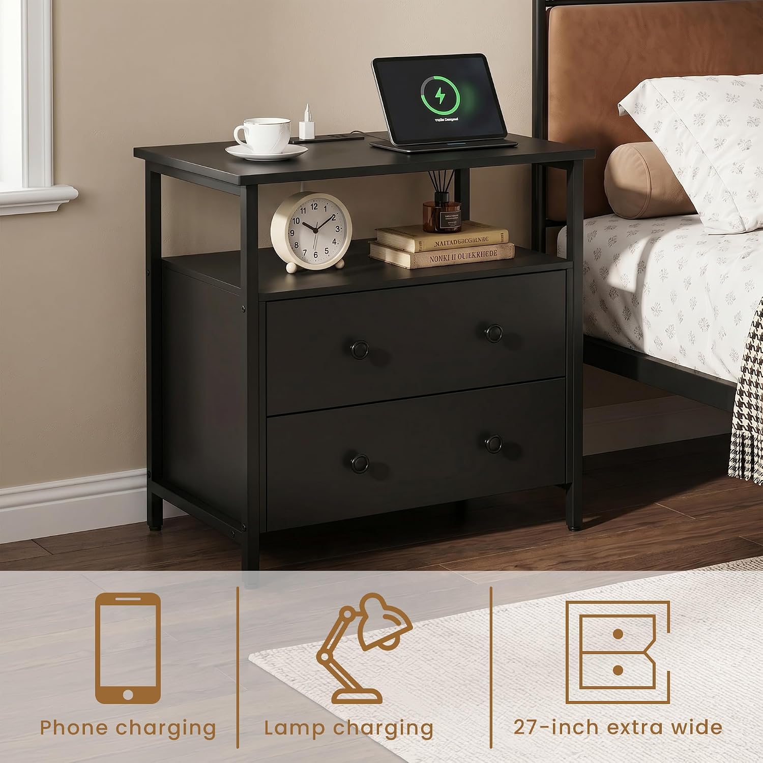 Edbuosy 27 inch Wide Night Stand Set 2 with Charging Station, Bedside Table with Open Shelf, 2 Drawers Small Wood Dresser, Modern Wood Nightstand for Bedroom/Living Room (Black)