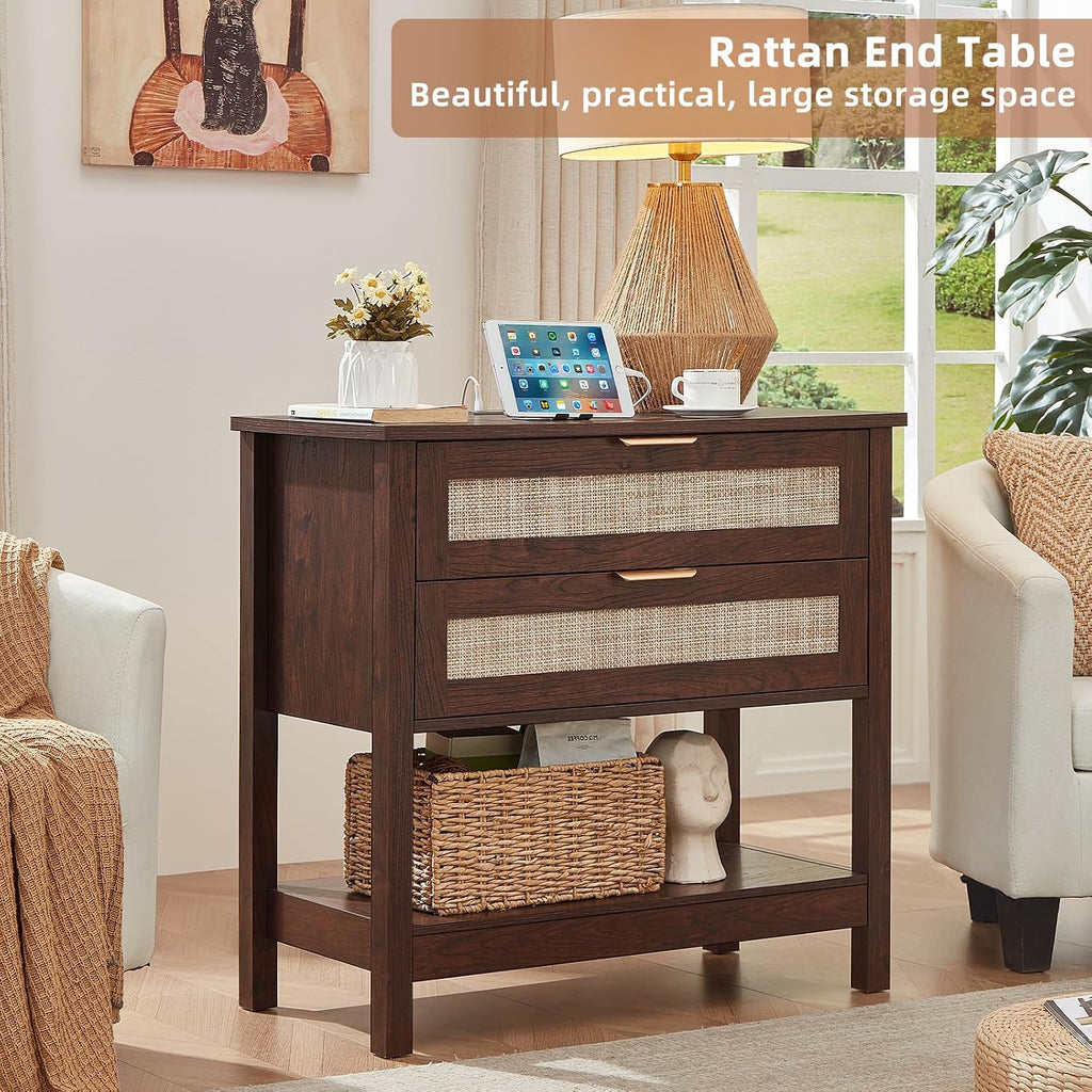 LEYAOYAO 31.5' Wide Rattan Night Stand, Large Boho Nightstand, Bedside Table with Storage, Tall Bed Side End Tables, Chest of Drawers for Bedroom, Living Room, Hallway（Walnut,2 Drawers with Charger,2）