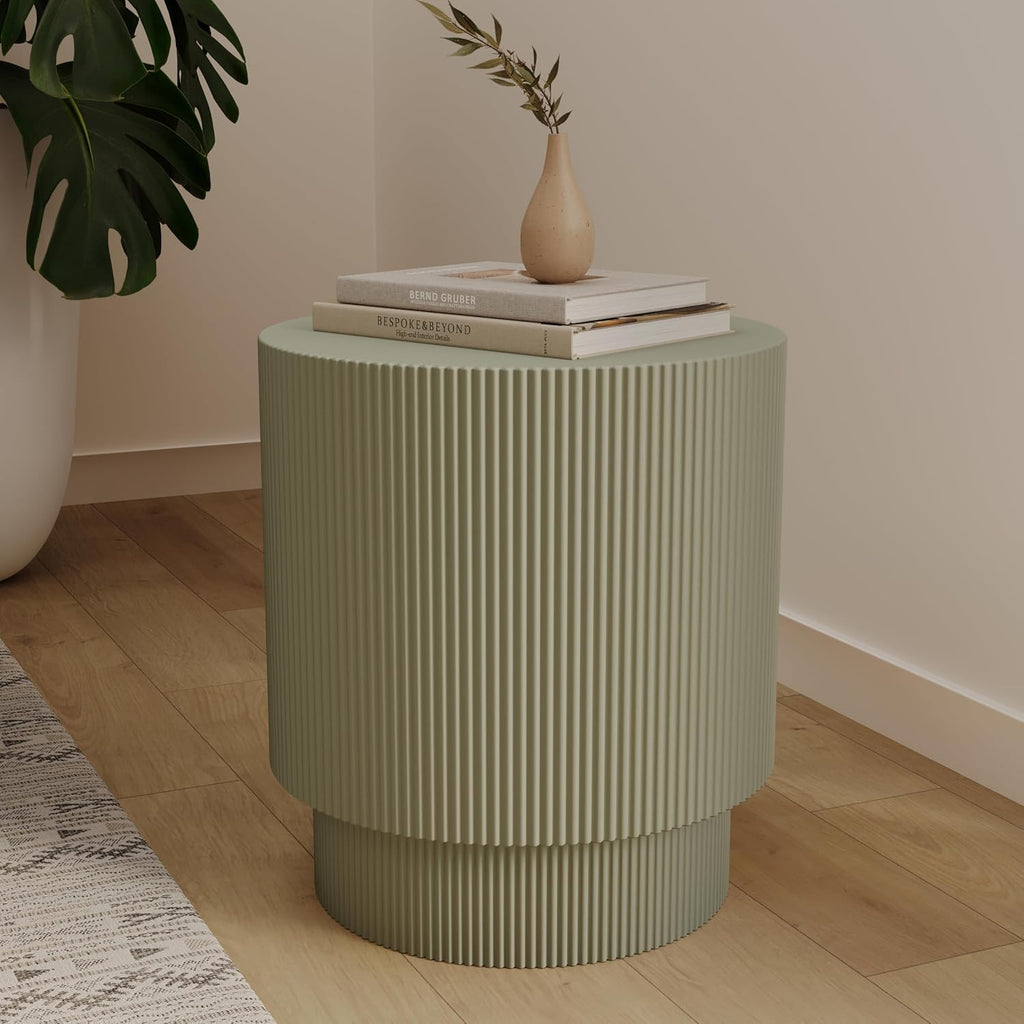 LeisureMod Modern Side Table Round Fiberstone Top Accent End Table for Home, Outdoor Patio, Living Room Sofa, Weather-Resistant, Eden Series in Olive Green