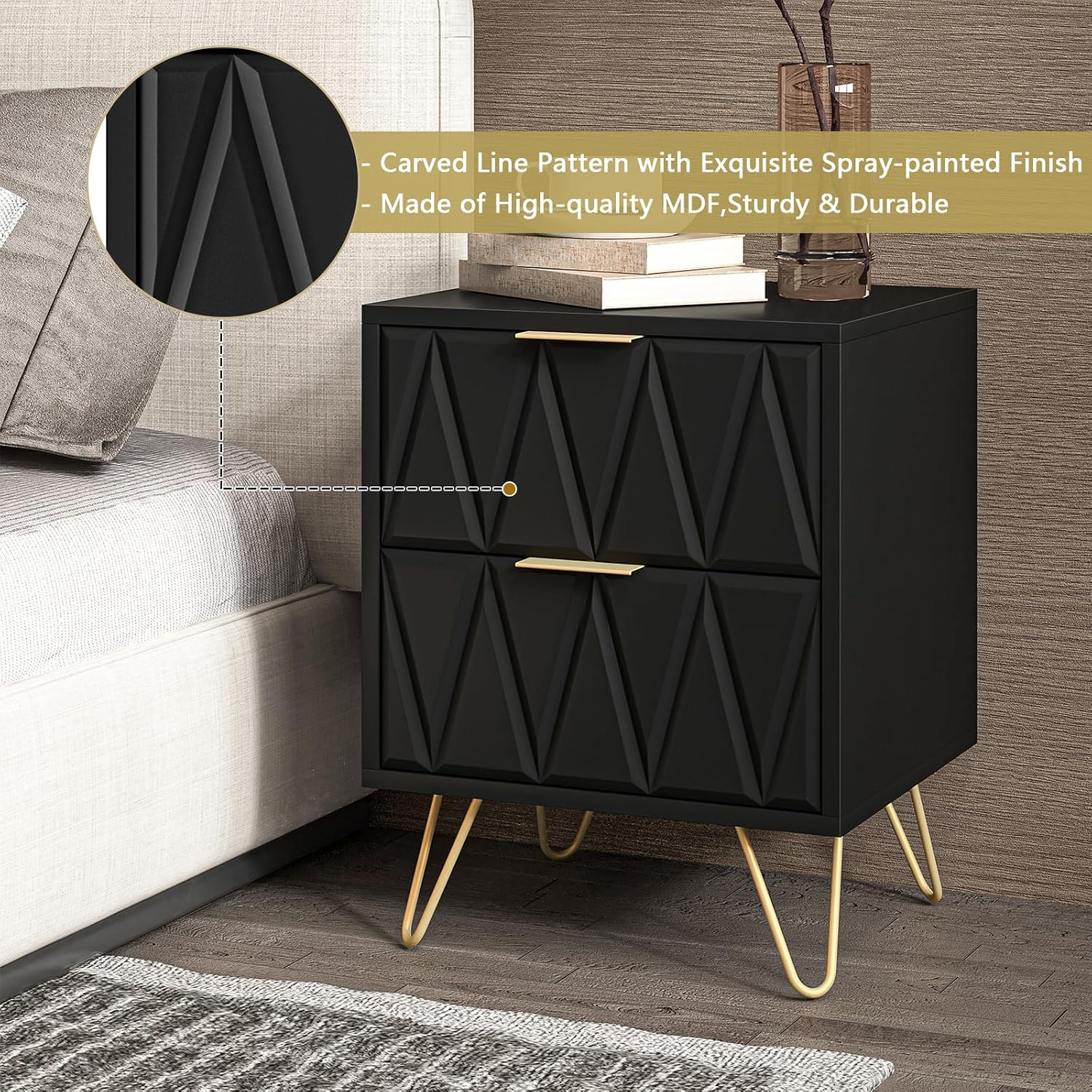 Spaco Black Nightstand Set of 2, Modern Bedside Tables Set of 2 with 2 Drawers for Bedroom, Night Stand with Gold Legs,End Side Tables for Living Room
