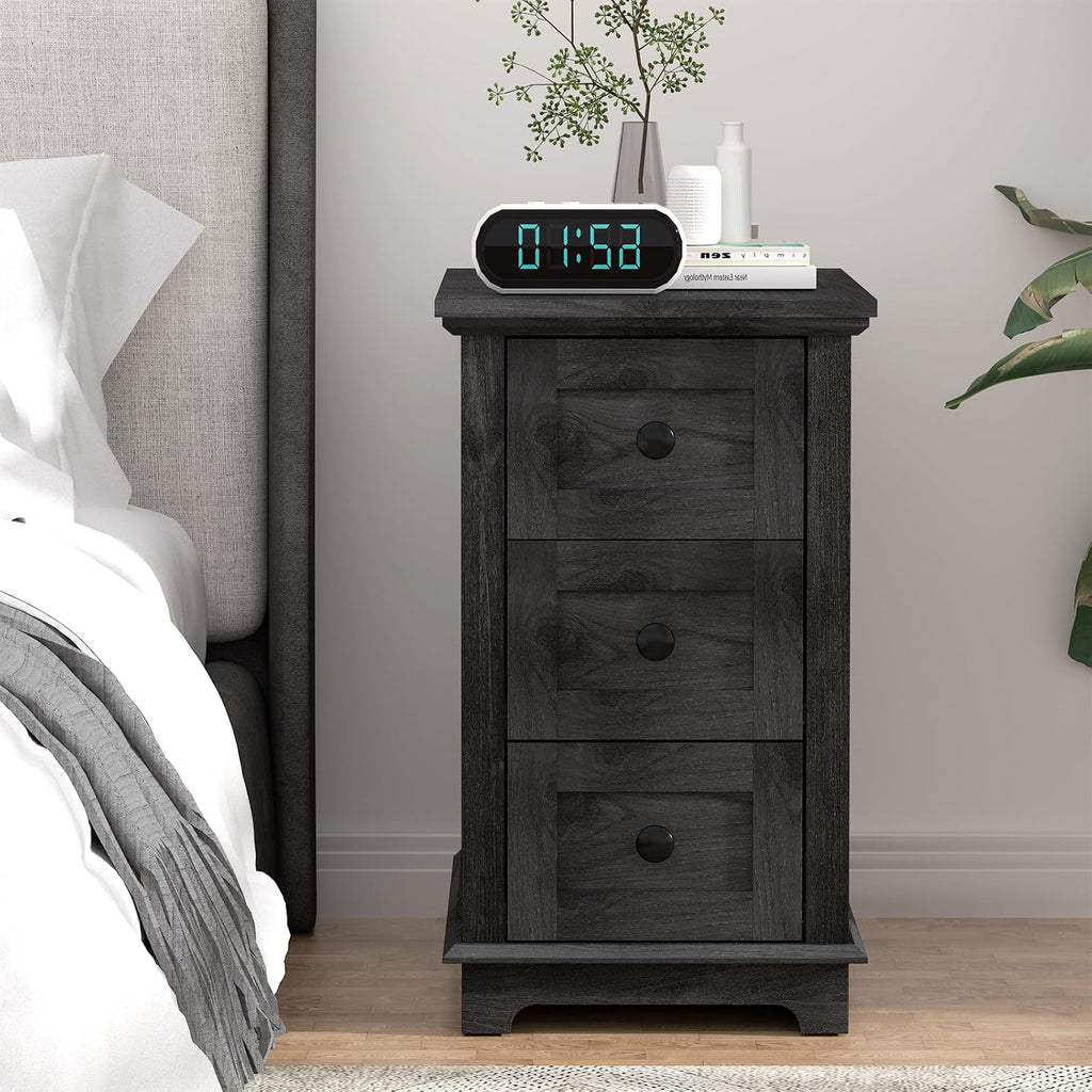 HIFYOBRO 3 Drawer Flip Top End Table with Charging Station, Narrow Wooden Side Table with Storage, Multifunctional Nightstand for Living Room & Bedroom