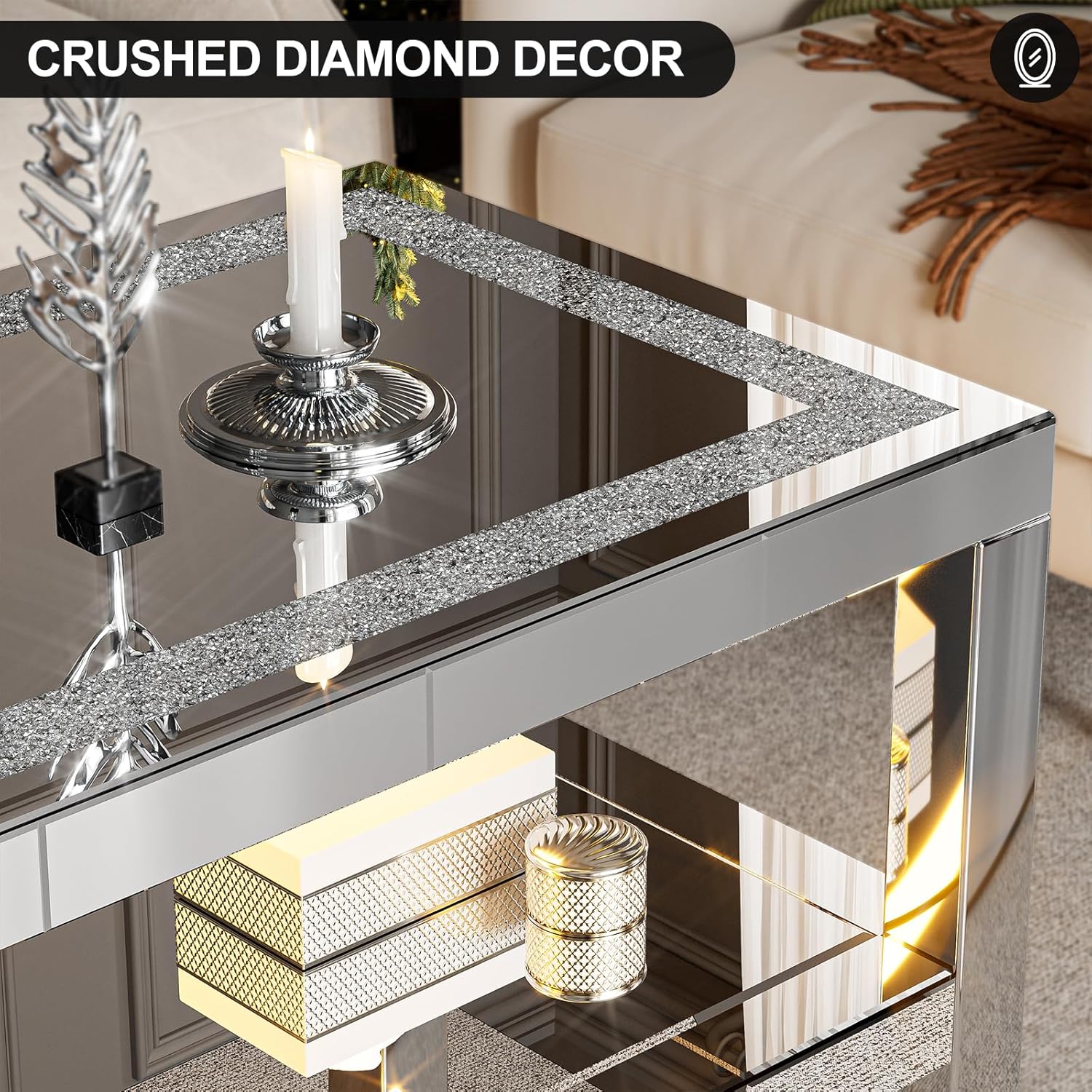 IKIFLY Mirrored 2 Tiers Coffee Table with LED, Rectangle Mirrored Coffee Table with Crushed Diamond and Stainless Steel Legs, Silver Living Room Table