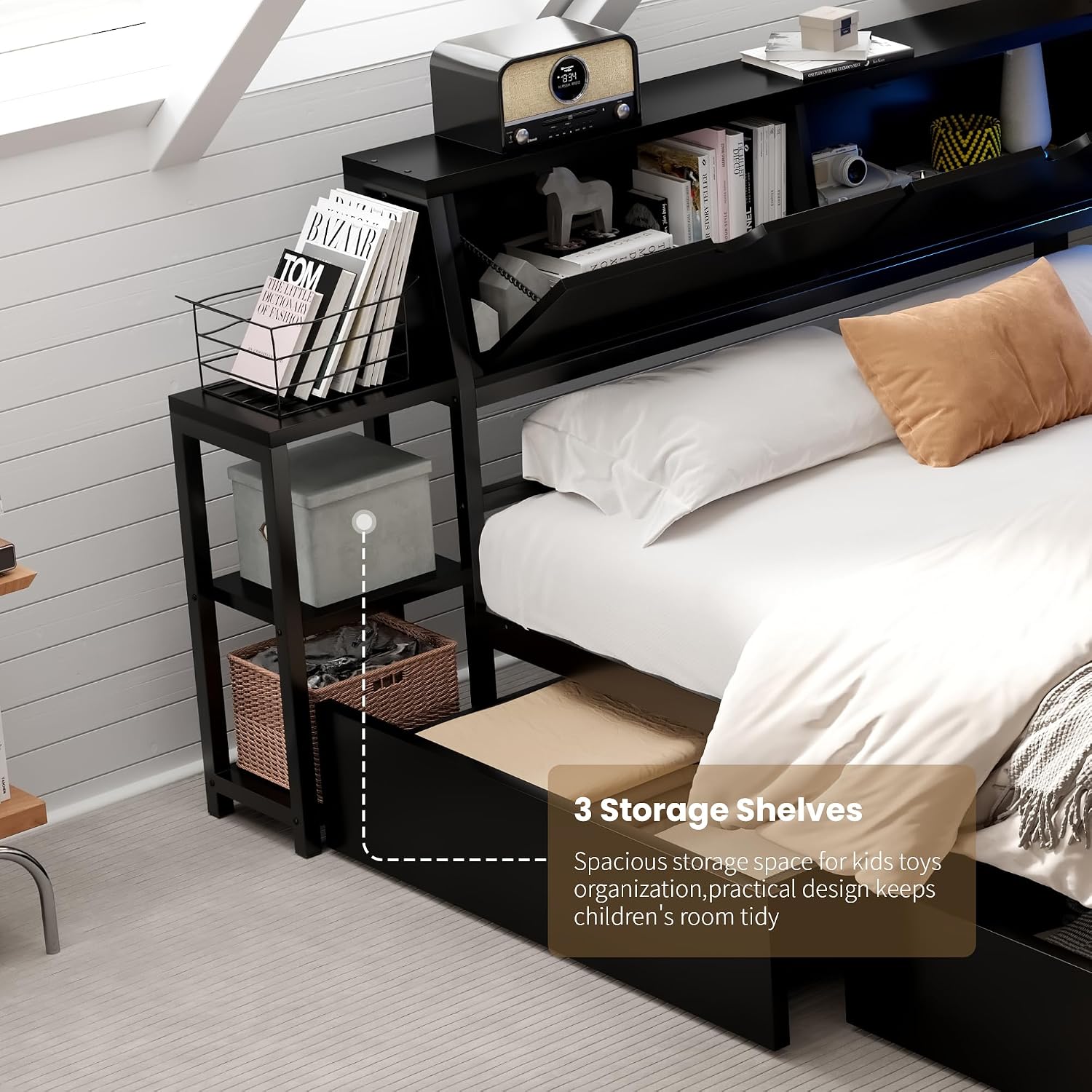 Corner Bed Frame with Storage Bookcase and Led Lights, Twin Size Metal Platform Bed Frame with Storage Drawers and Charging Station & Desk, Twin Daybed for Living Room & Guest Room (Black, Twin)