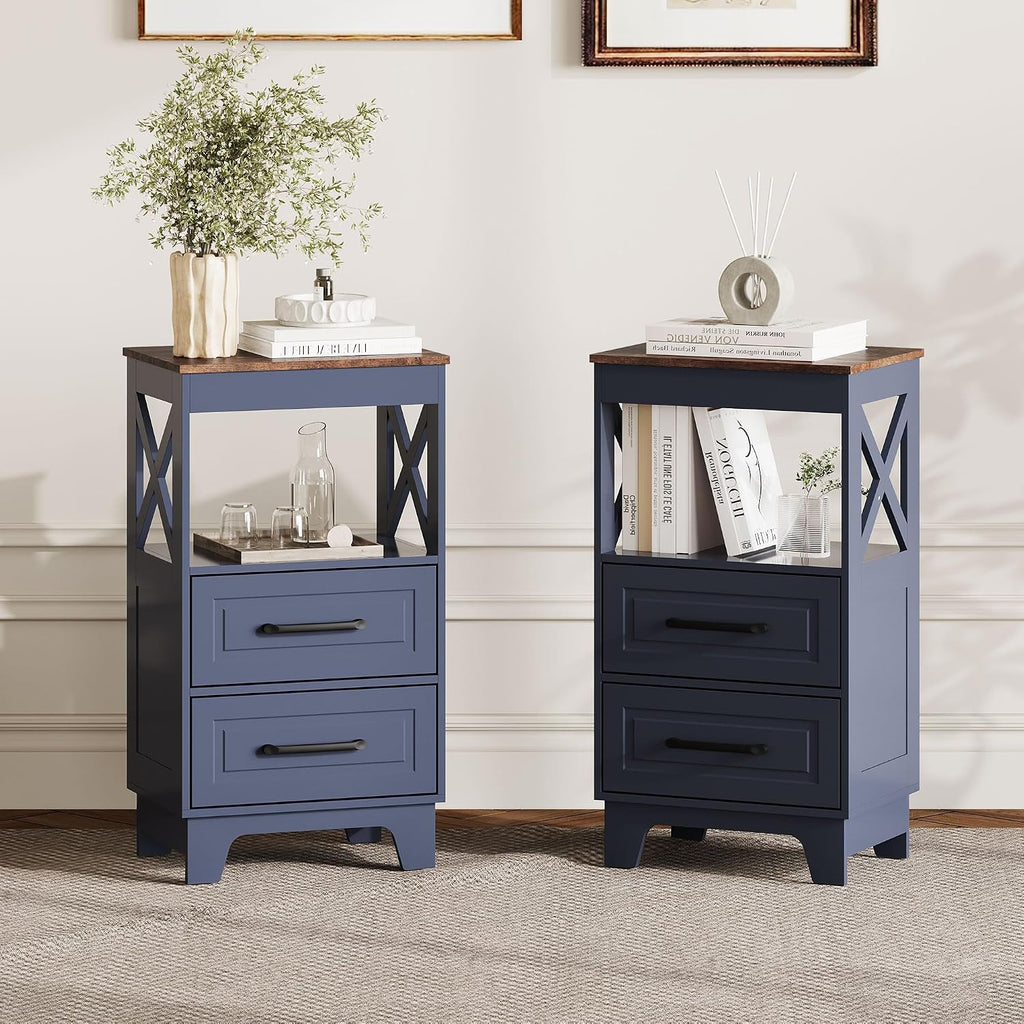 Tall Nightstand Set of 2 Side Table with 2 Drawers Modern Night Stand Wooden Rustic End Table Bedside Table with Upper Open Shelf Solid Feet for Bedroom Navy Blue+Walnut