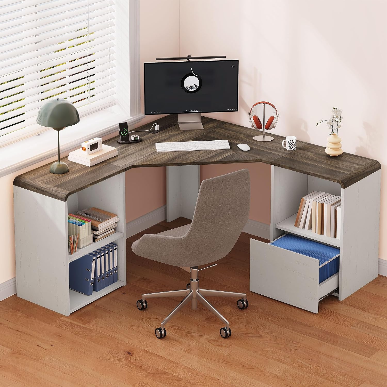 60' L Shaped Desk with File Drawer Modern Corner Computer Desk with Storage L Shape Home Office Desk Executive Desk with Power Outlets Storage Shelves File Cabinet for Working Writing White