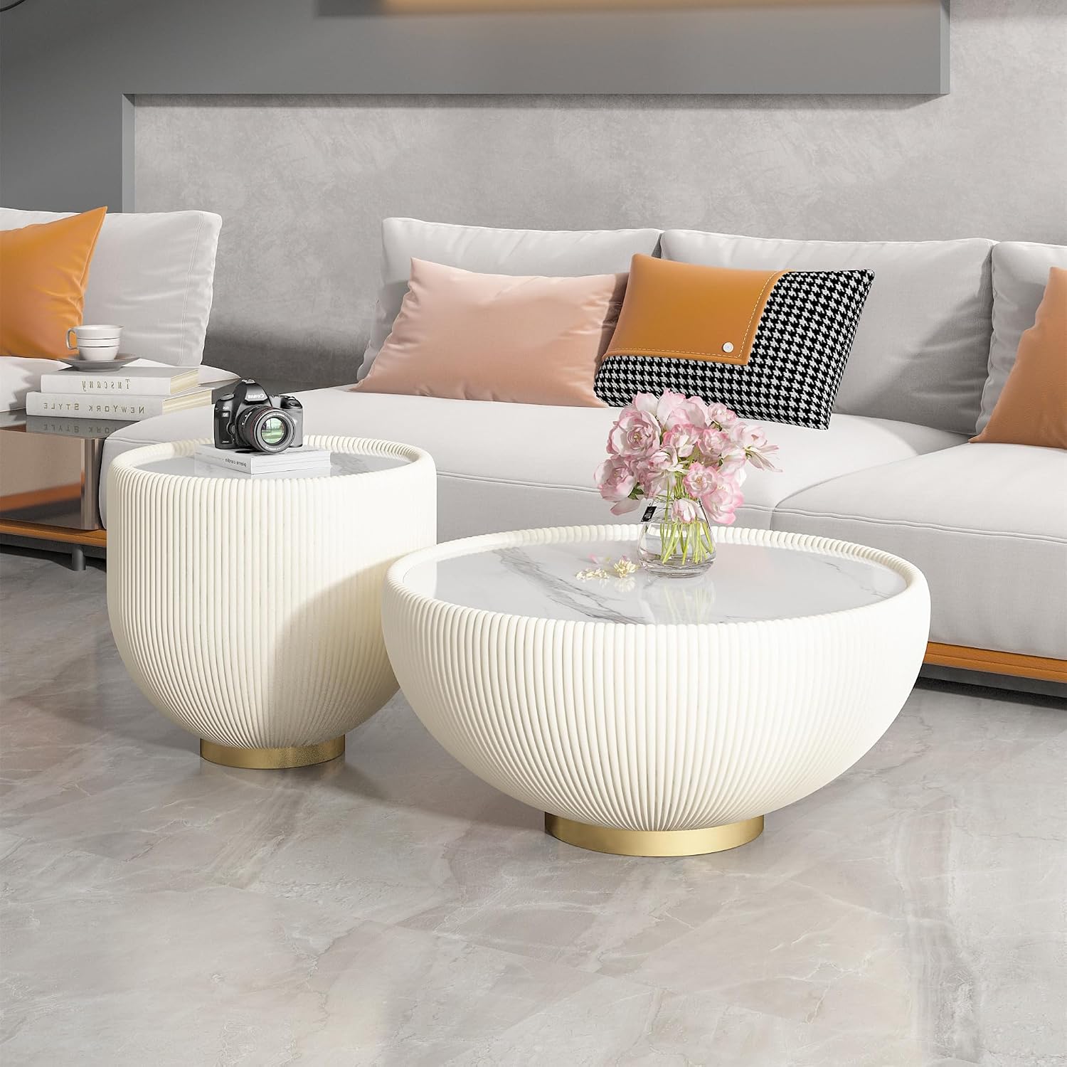Modern Round End Table Luxury Sintered Stone Top Coffee Table in Cream White Leatherette Creative Bowl-Shape Small Coffee Side End Table for Living Room Bedroom,Fully Assembled