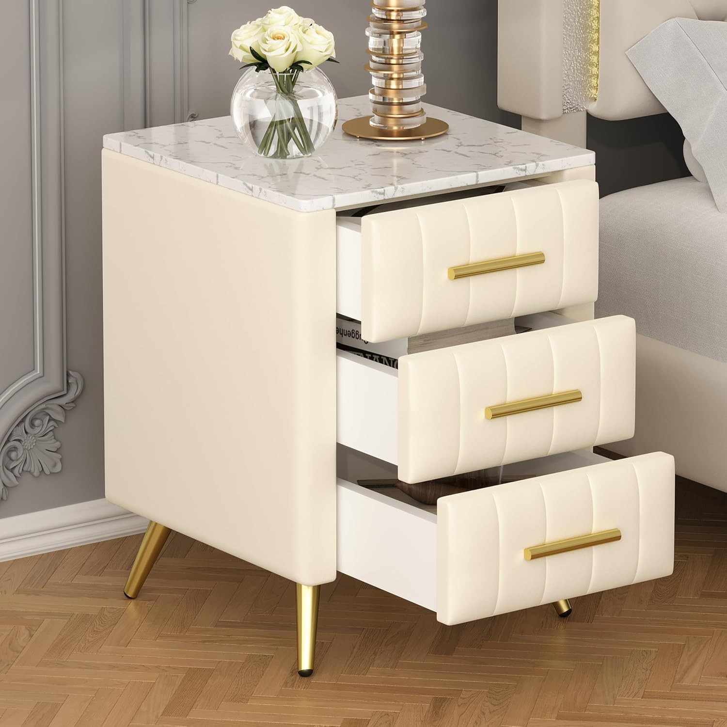 Merax Nightstand with Drawers Set of 2, Upholstered Wood Bedside End Table with Marbling Top, Beige
