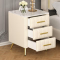 Merax Nightstand with 3 Storage Drawers, Upholstered Wood Bedside End Table with Marbling Top, Beige