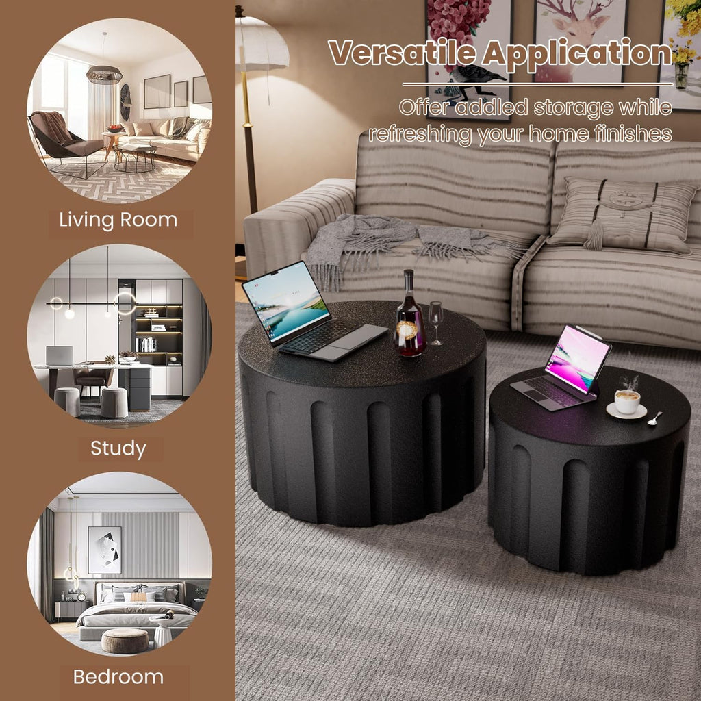 Fluted Round Nesting Coffee Table Set of 2, Modern Unique Circle Coffee Table, Drum Side Tea Table, Space-Saving for Living Room, Bedroom, Balcony, Office, No Assembly (26.77'+19.69' Black B)