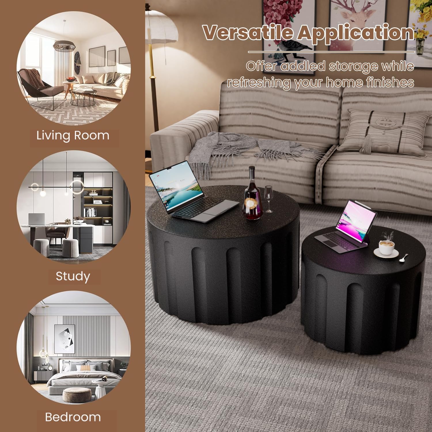 Fluted Round Nesting Coffee Table Set of 2, Modern Unique Circle Coffee Table, Drum Side Tea Table, Space-Saving for Living Room, Bedroom, Balcony, Office, No Assembly (26.77'+19.69' Black B)