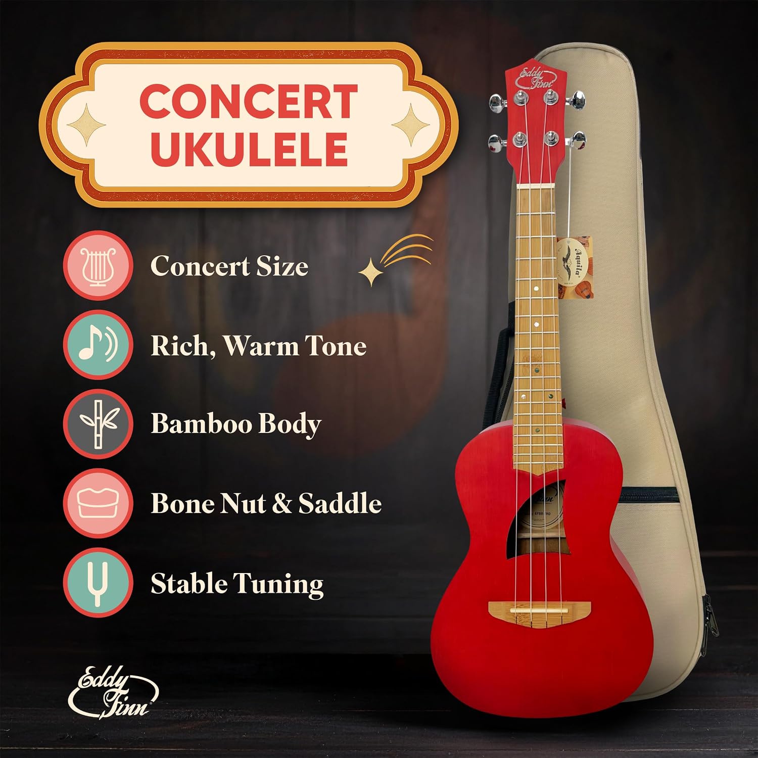 Bamboo Beach Concert Ukulele for Adults, Beginner and Professional Musical Instrument, Travel-Friendly with Gig Bag, Transparent Red