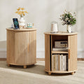 Set of 2 Fluted Round End Table with Charging Station, Small Farmhouse Sofa Side Table with Sliding Tambour Door & Storage, Mid-Century Wood Fulted Nightstands for Living Room, Bedroom (Natural)