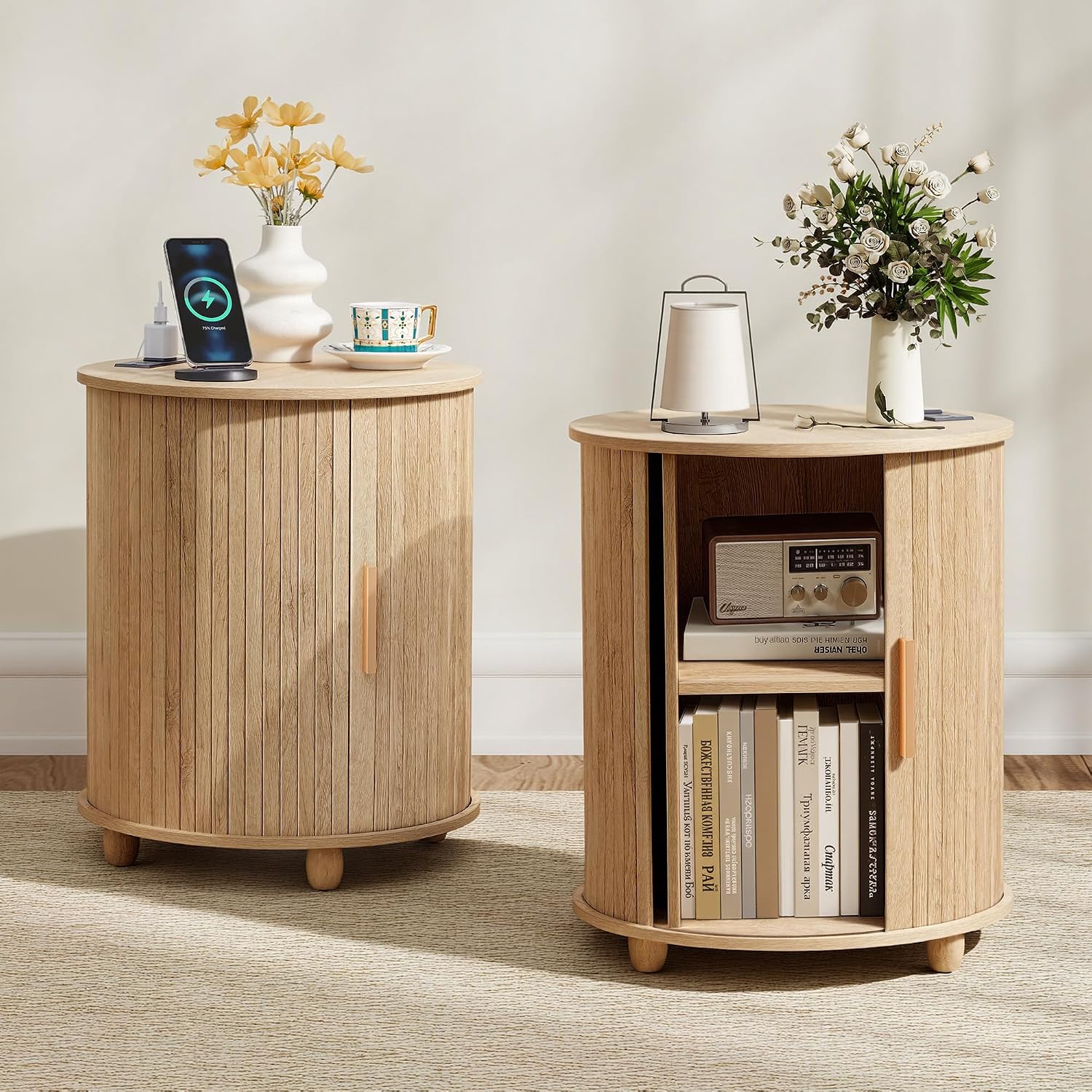 Set of 2 Fluted Round End Table with Charging Station, Small Farmhouse Sofa Side Table with Sliding Tambour Door & Storage, Mid-Century Wood Fulted Nightstands for Living Room, Bedroom (Natural)