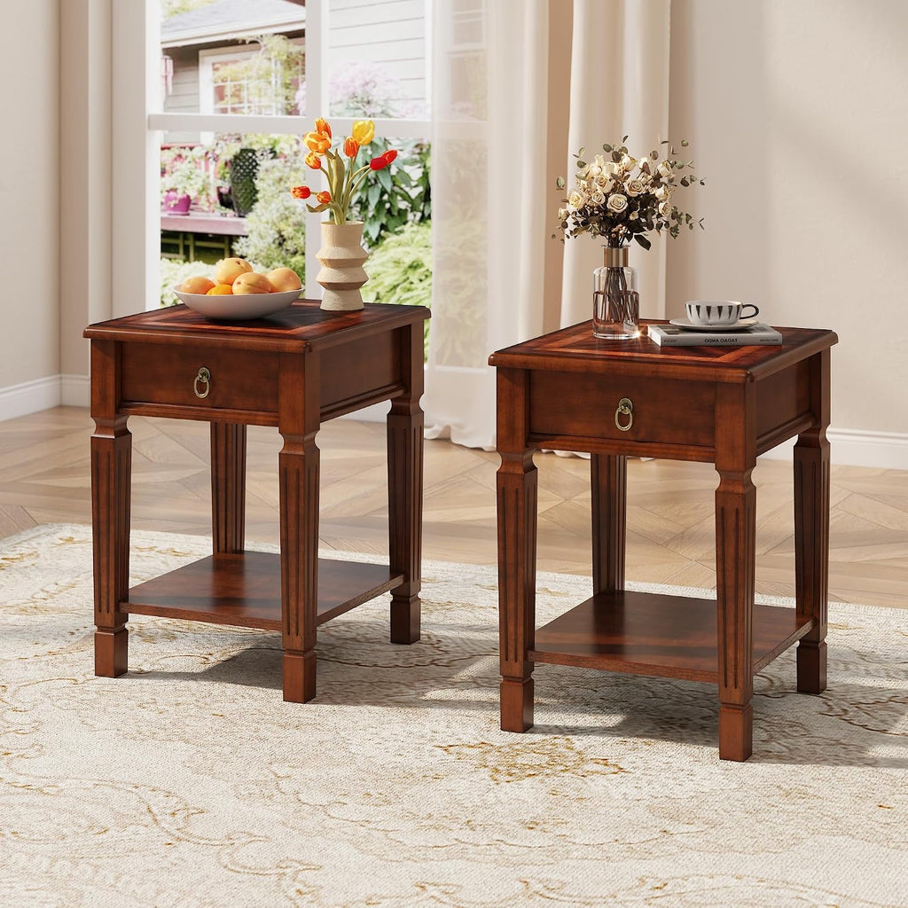 End Side Table Set of 2 with Storage Drawer and Shelf, Farmhouse Sofa Beside Table with Carved Wood Legs, 21.9'H Nightstand for Living Room, Square Corner Tables, Easy Assembly, Dark Cherry BZ-D1258
