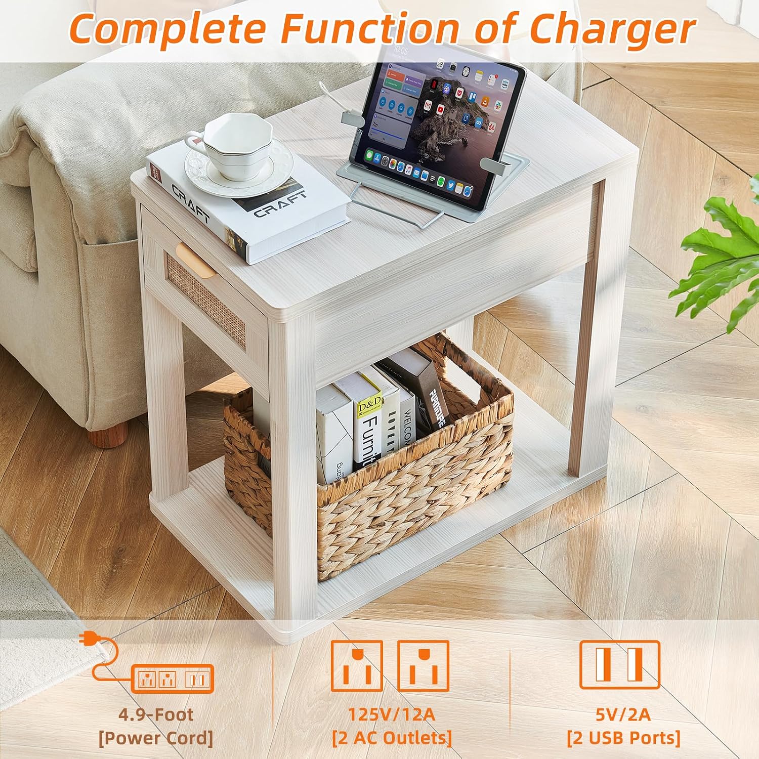LEYAOYAO Narrow Side Table Set of 2, 24'' Night Stand with Charging Station, Rattan Nightstand with Drawer Storage, Bedside End Table with Small Spaces, Wood Boho Nightstand for Living Room Bedroom