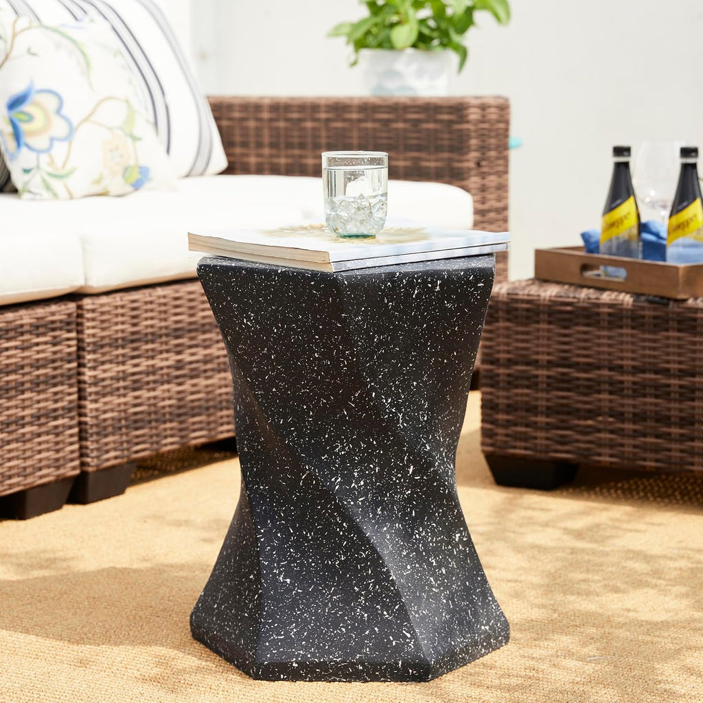Glitzhome Outdoor Side Table Set of 2, 17.75' H Decorative Garden Stool MGO Twist Faux Terrazzo End Table, Round Planter Stand for Indoor Outdoor Living Room Bedroom Patio Deck Poolside, Black