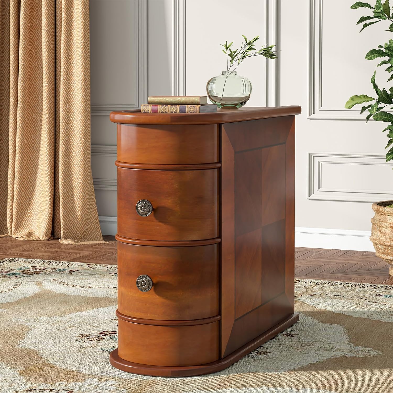 Tribesigns Wood End Table Set of 2, Narrow Solid Side Table 2-Drawer Slim Chair Side Table, No Assembly Required, Finished Back