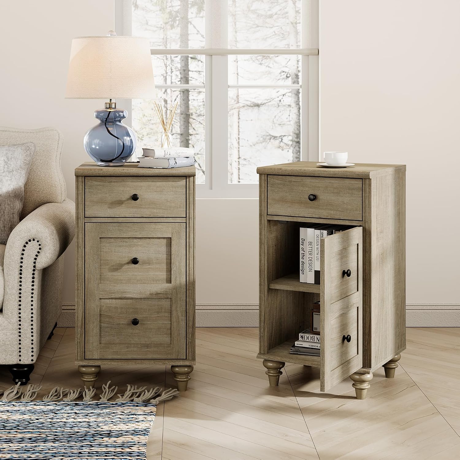 WAMPAT Set of 2 Wooden End Tables with Drawer and Storage Cabinet, Nightstands with Charging Station, Modern Farmhouse Living Room Side Tables, Wash Grey Bedside Table for Bedroom