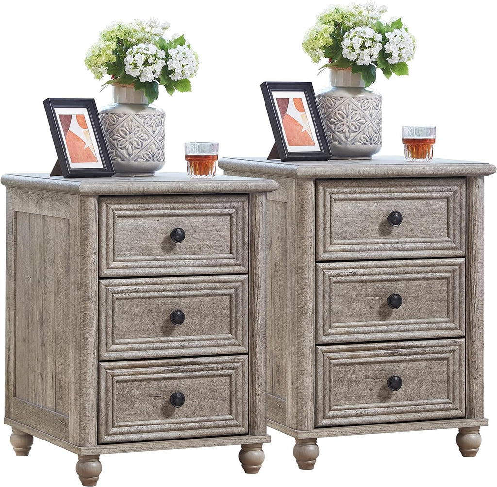 RWYHG 18' Farmhouse Night Stand Set of 2, Gray Wood Nightstand with 3 Drawers, Bedside End Table with Storage and Roman Column, Bed Side Tables Cabinet for Bedroom, Living Room, and Closet