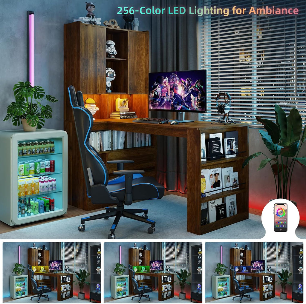 Zevemomo L Shaped Desk with Hutch and 2 Drawers, Computer Desk with USB Ports, Power Outlets & LED Light, Wood Corner Computer Desk with Storage Shelves for Home Office, Brown