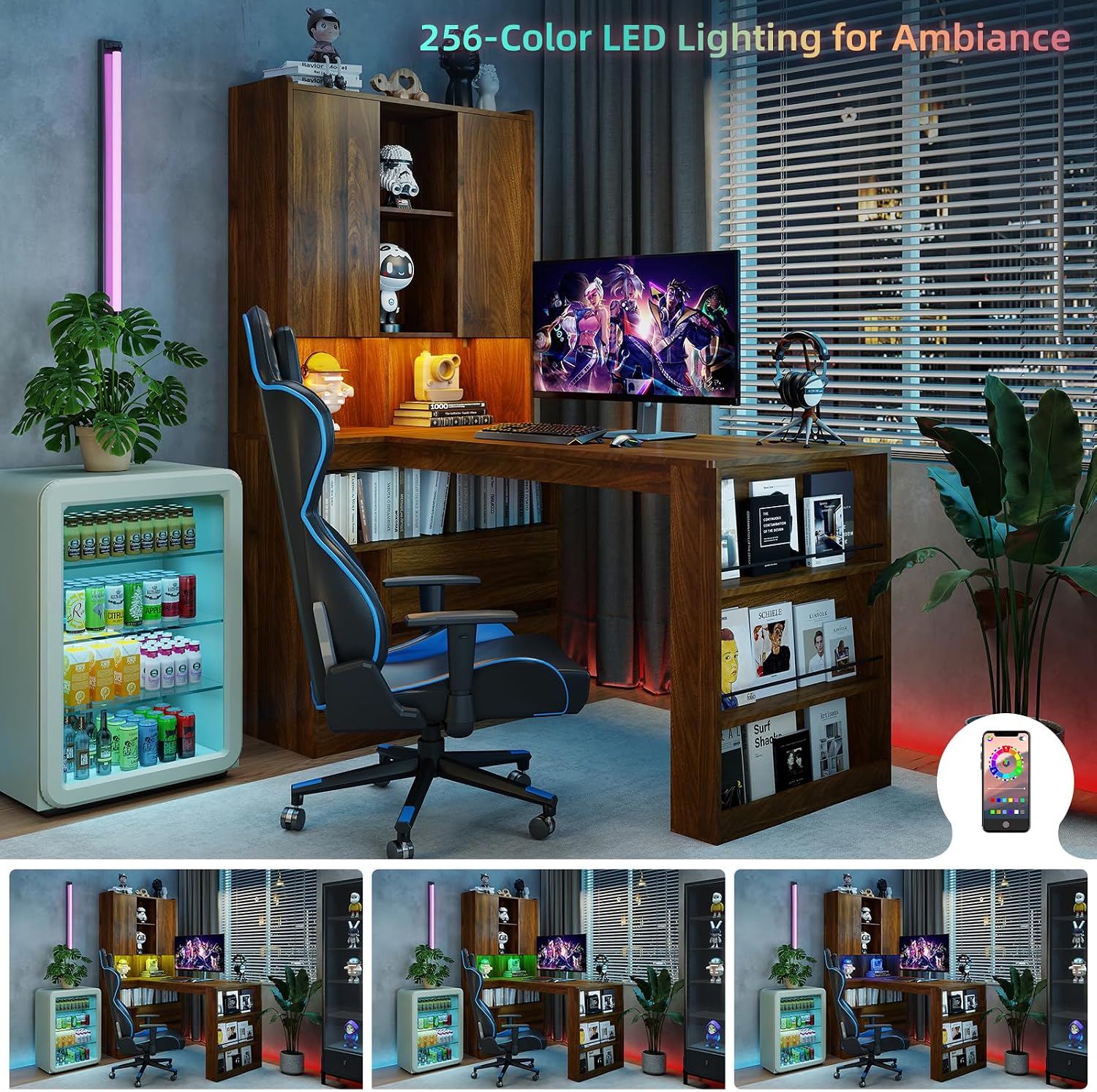 Zevemomo L Shaped Desk with Hutch and 2 Drawers, Computer Desk with USB Ports, Power Outlets & LED Light, Wood Corner Computer Desk with Storage Shelves for Home Office, Brown
