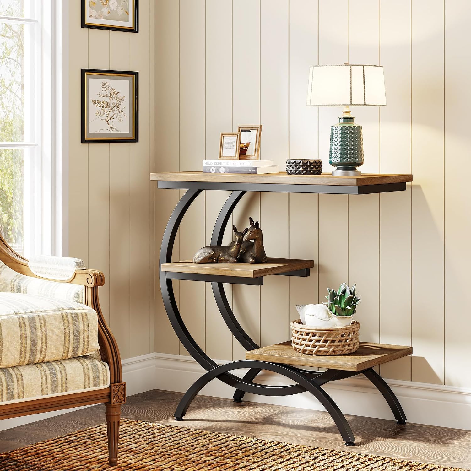 Tribesigns C-Shaped End Table Set of 2, Industrial 3-Tier Small Side Table for Couch, Wood Bedside Table Snack Side Table with Storage Shelves for Living Room Small Space, Light Brown