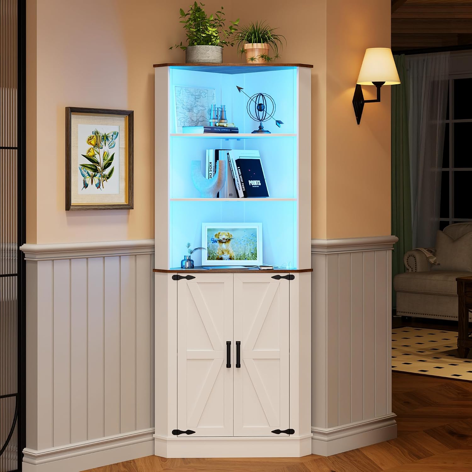 FREDEES Tall Corner Cabinet with LED Light, Farmhouse Bathroom Cabinet with 2 Doors and 3 Tier Shelves, Free Standing Corner Storage Cabinet for Laundry Room, Living Room or Kitchen, Antique White