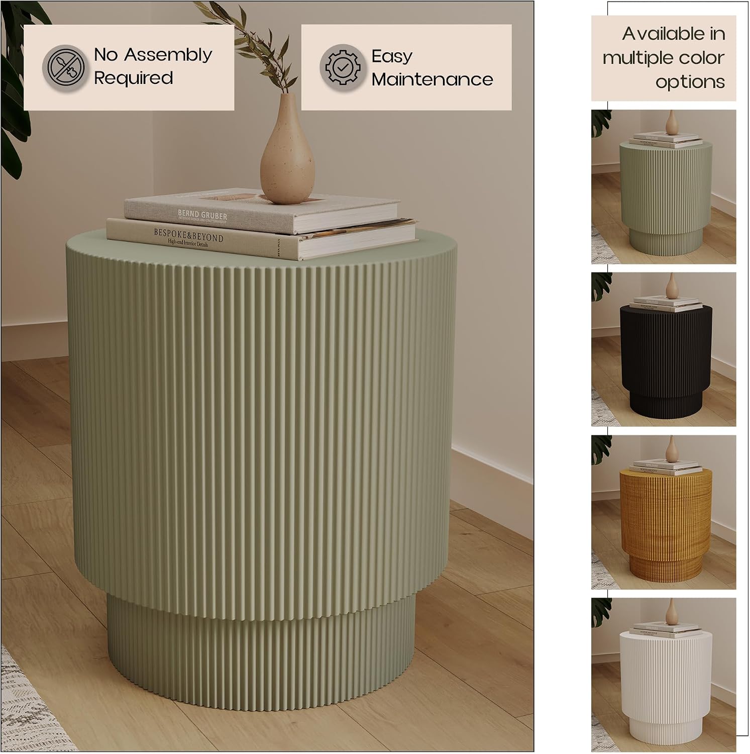 LeisureMod Modern Side Table Round Fiberstone Top Accent End Table for Home, Outdoor Patio, Living Room Sofa, Weather-Resistant, Eden Series in Olive Green