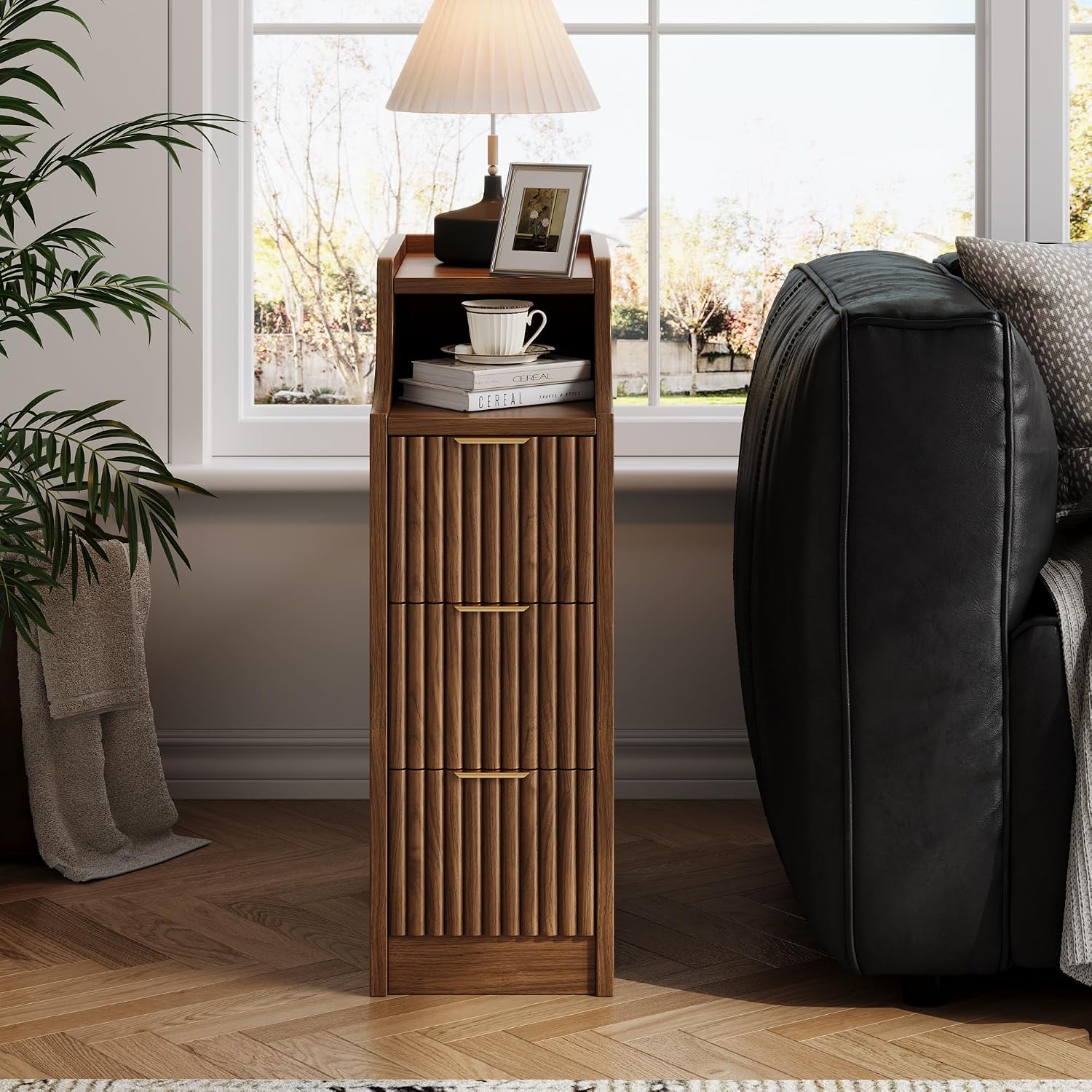7.9' Narrow Nightstand Set of 2,23.6' Tall Fluted Bedside Table Set of 2, Slim Side End Table with 3 Drawers, Wooden Bedside Table, Mid Century Modern Night Stand for Bedroom Livingroom Sofa Office