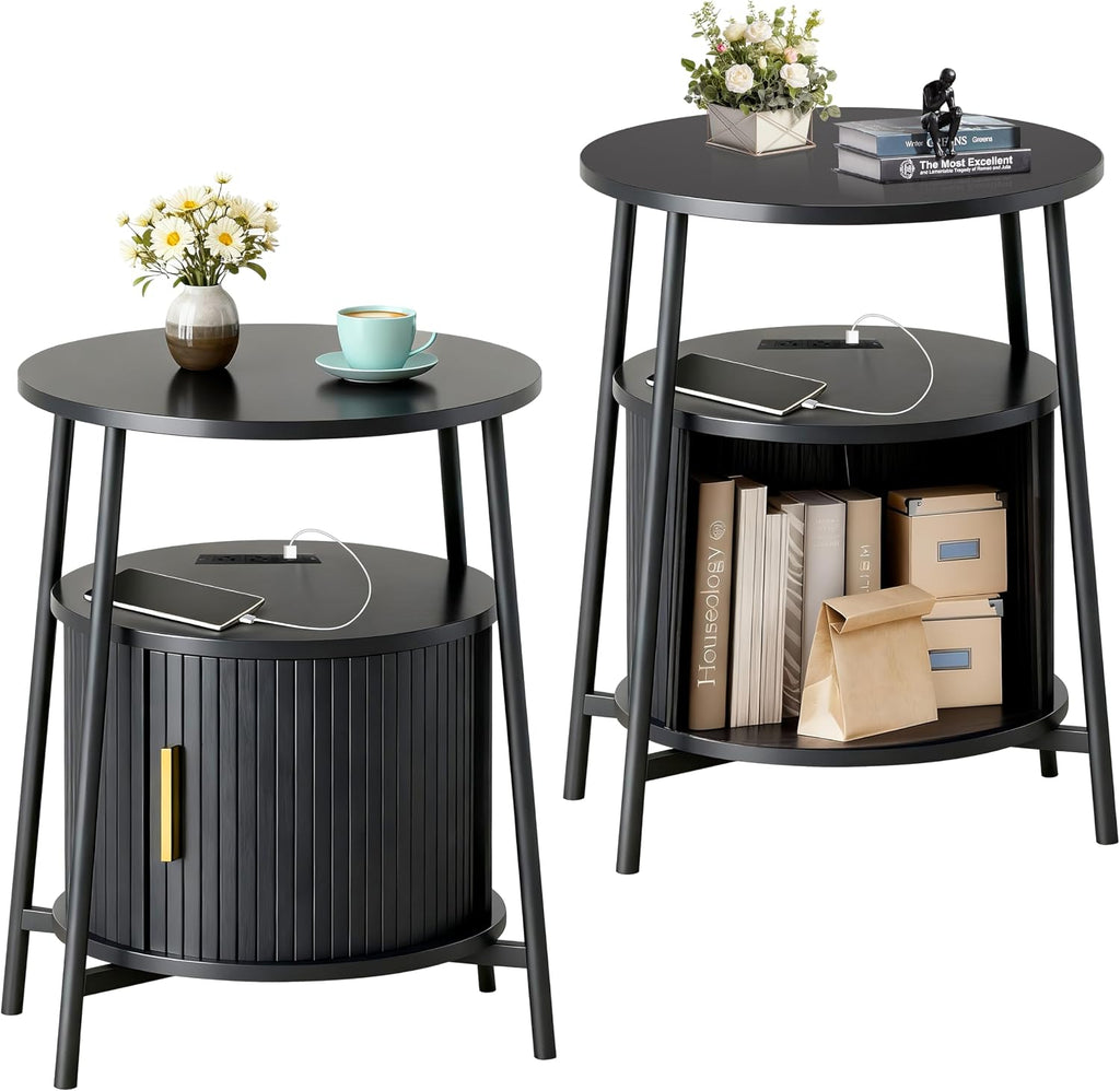 DHH Round End Tables Set of 2 & Charging Station, Fluted Accent Side Table with Sliding Door, Mid-Century Modern Nightstand Set of 2 for Small Space Storage, Living Room, Bedroom,Sofa Couch(2, Black)