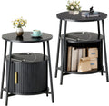 DHH Round End Tables Set of 2 & Charging Station, Fluted Accent Side Table with Sliding Door, Mid-Century Modern Nightstand Set of 2 for Small Space Storage, Living Room, Bedroom,Sofa Couch(2, Black)