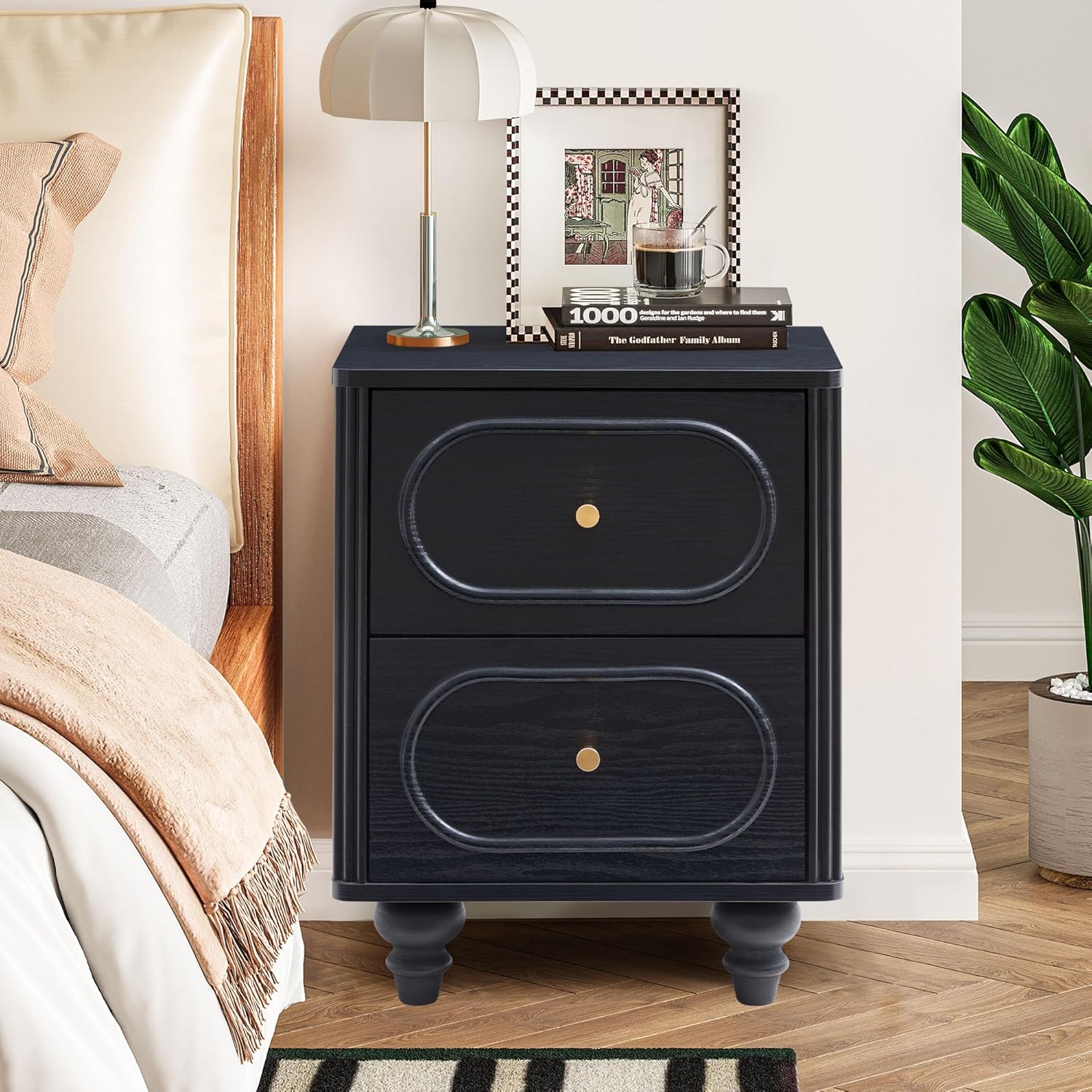 2 Drawer Fluted Nightstand Set of 2, Mid Century Modern Farmhouse Night Stand Small End Table Bedside Table for Bedroom, Living Room, Black