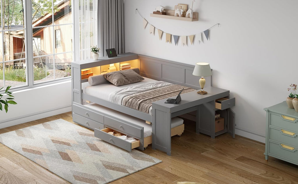 Merax Corner Full Bed Frame with Desk and Led Lights,Wood Platform Bed Frame with Trundle and 2 Drawers,Full Size Daybed with Storage and Charging Station for Living Room,Bedroom,Guest Room,Grey