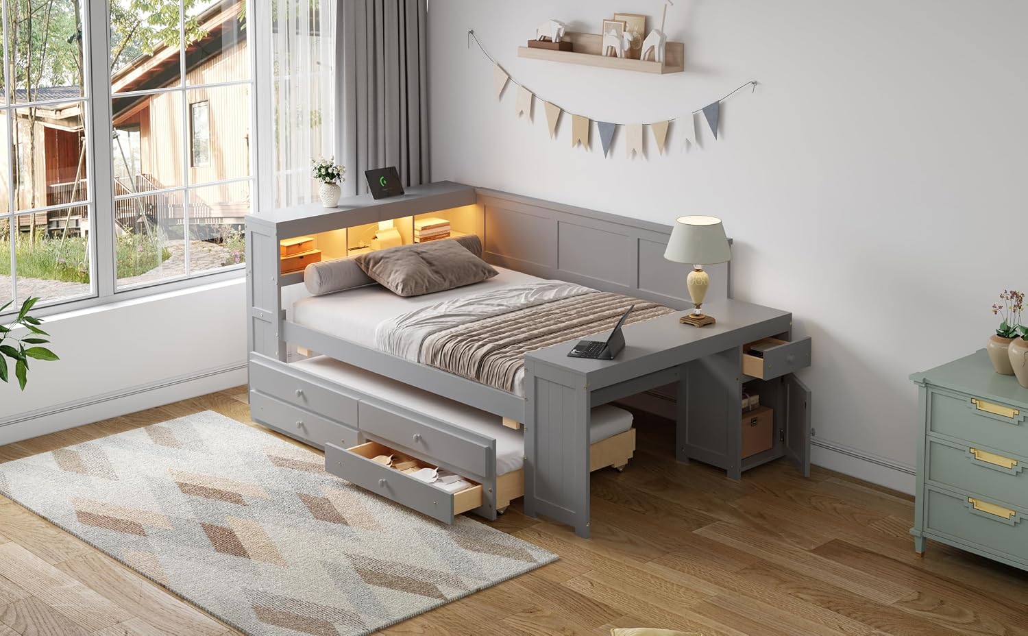 Merax Corner Full Bed Frame with Desk and Led Lights,Wood Platform Bed Frame with Trundle and 2 Drawers,Full Size Daybed with Storage and Charging Station for Living Room,Bedroom,Guest Room,Grey