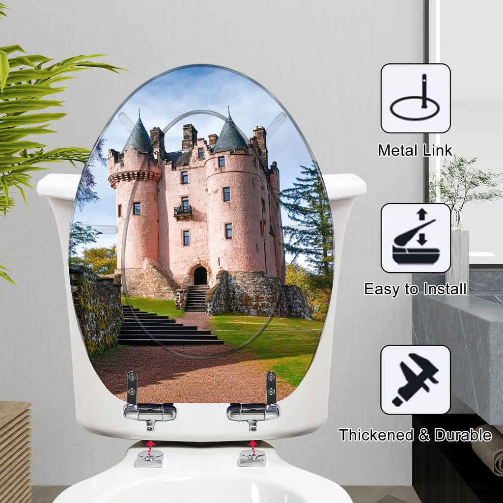 Elongated Toilet Seat Craigievar Castle Aberdeenshire Scotland Resin Toilet Seat Slow Quiet Close Lid with Quick-Release Hinges Cover Bumpers Easy to Clean Install