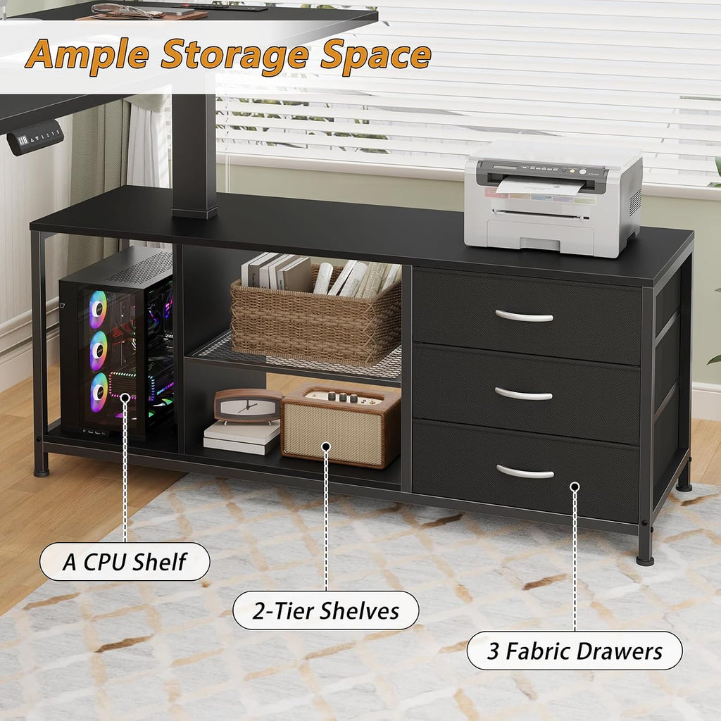 L Shaped Electric Standing Desk with Drawers & Shelves, Height Adjustable Corner Computer Desk with Power Outlets, 55 Inch Sit Stand Executive Desk with 3 Fabric Drawer for Home Office, Black
