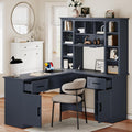 L Shaped Desk With Hutch, Corner Computer Desk With Storage Shelf & Cabinet, Laptop Pc Table Gaming Desk Workstation, Modern Executive Study Writing Desk For Home Office, Bedroom (Antique Blue)