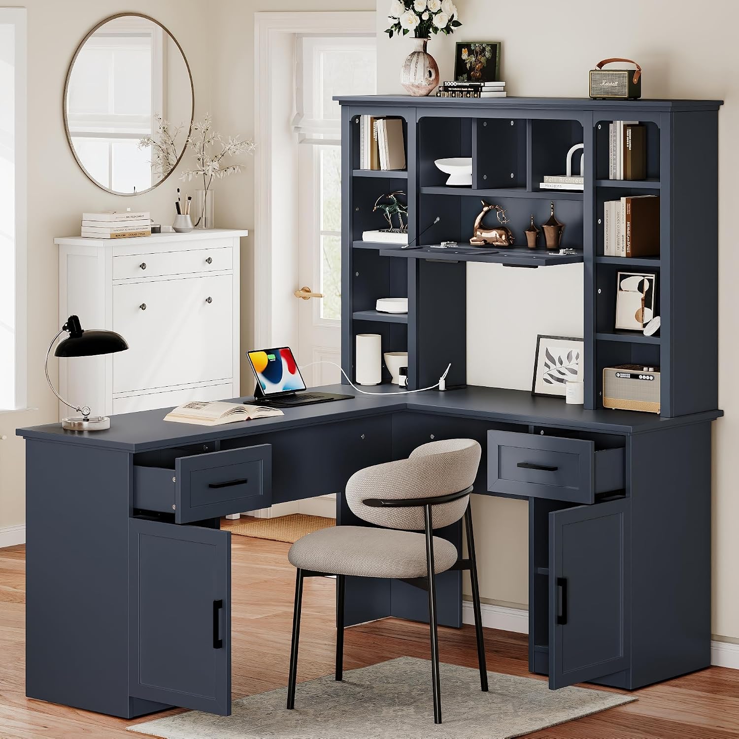 L Shaped Desk With Hutch, Corner Computer Desk With Storage Shelf & Cabinet, Laptop Pc Table Gaming Desk Workstation, Modern Executive Study Writing Desk For Home Office, Bedroom (Antique Blue)