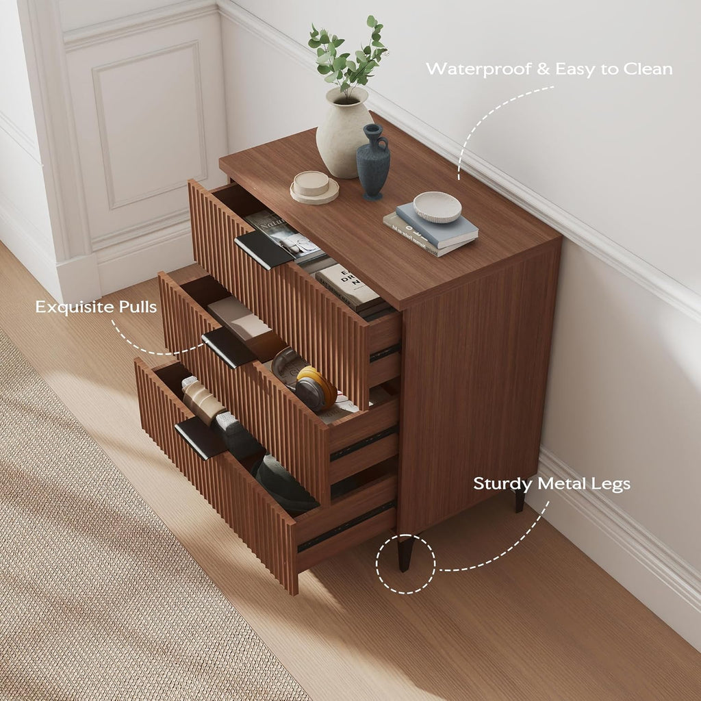 25.6'W Fluted Nightstand with 3 Drawer, Mid-century Modern Wood Night Stands Bedside Table for Bedroom King/Queen Bed, End Table with Robot-friendly Legs for Living Room,Entry (3 Drawers-1pcs-Walnut)