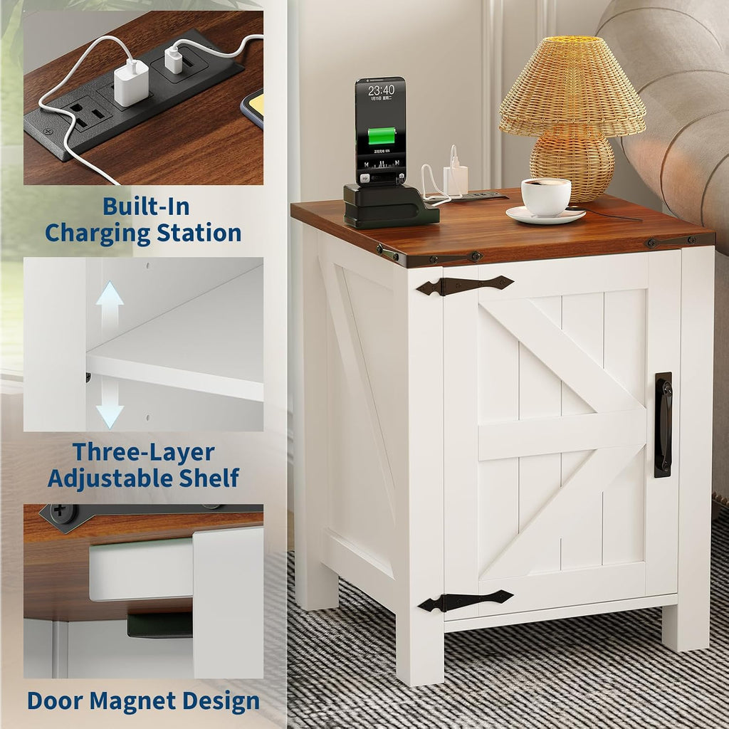 Garvee Rustic Farmhouse Nightstand Set of 2 with Charging Station, Barn Door and Adjustable Storage Shelf, Wooden Small Bedside Table, 18' Modern Two-Tier Nightstand & End Table for Bedroom