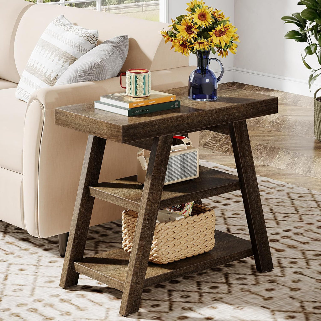 Tribesigns Set of 2 Rustic Side Table, 3-Tier Wooden End Table with Trapezoid Legs, Farmhouse Side Table for Couch, Vintage Bedside Nightstand for Bedroom, Living Room, Small Spaces, Distressed Brown