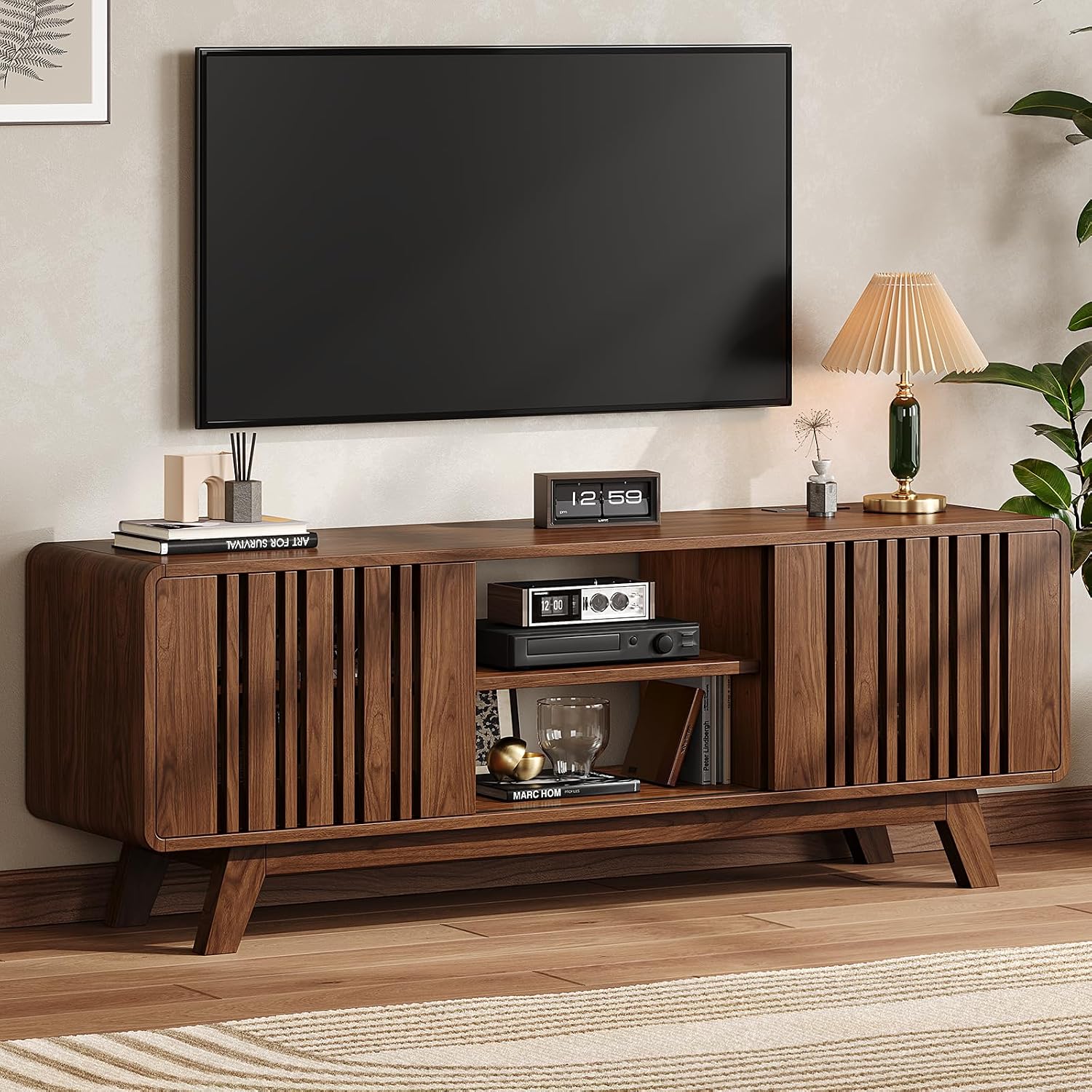 ONBRILL 63-Inch TV Stand for TVs up to 75 Inch, Mid-Century Modern Television Stand with Power Outlet, Entertainment Center with Sliding Grille Door Cabinets and Open Shelves for Living Room, Walnut