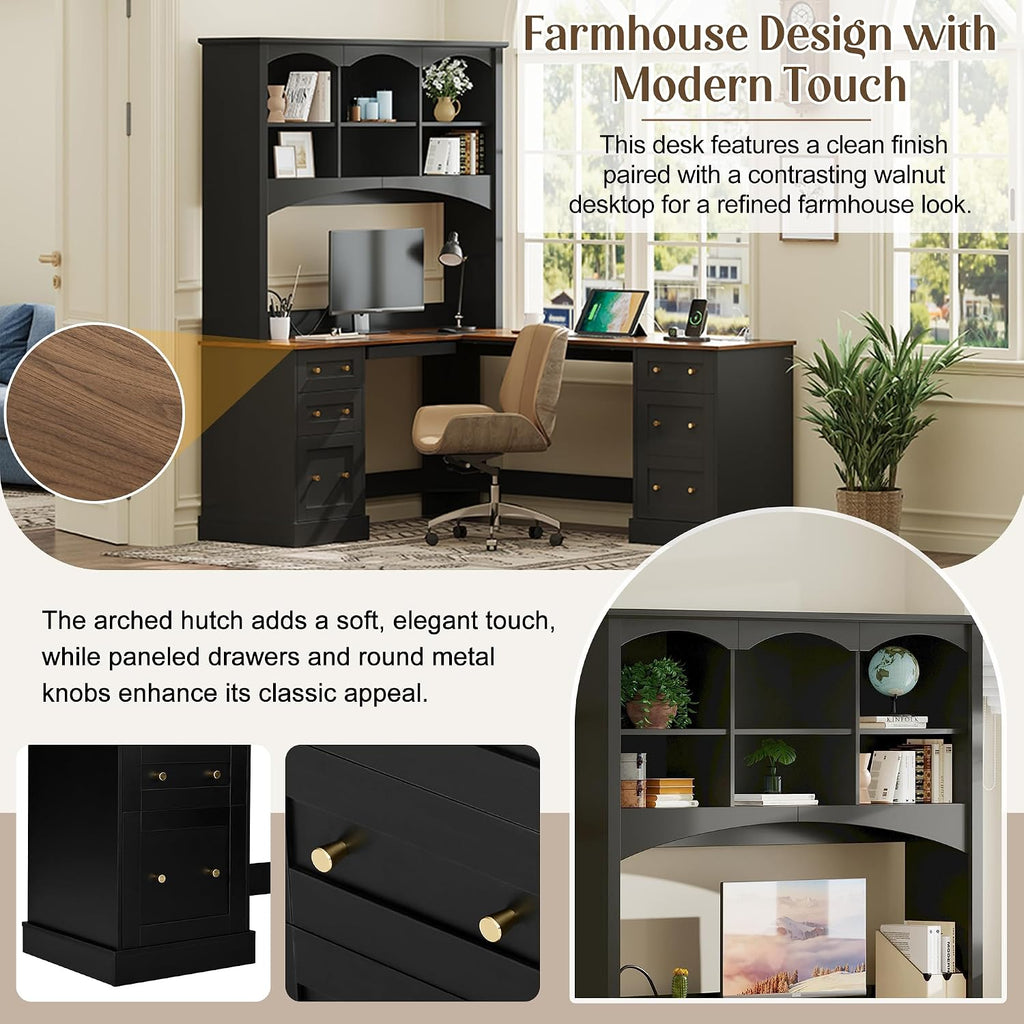 L-Shaped Computer Desk with Keyboard Tray | Charging Stations,Corner Desk with Arched Hutch, All-in-One Home Office Desk for Study, Office