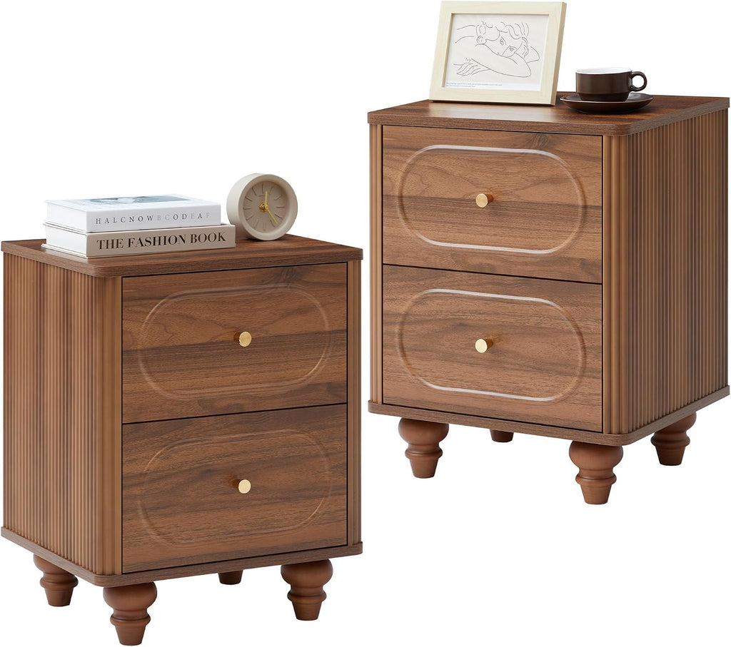 2 Drawer Fluted Nightstand Set of 2, Mid Century Modern Farmhouse Night Stand Small End Table Bedside Table for Bedroom, Living Room, Walnut