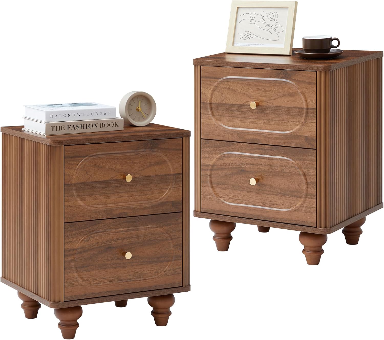 2 Drawer Fluted Nightstand Set of 2, Mid Century Modern Farmhouse Night Stand Small End Table Bedside Table for Bedroom, Living Room, Walnut