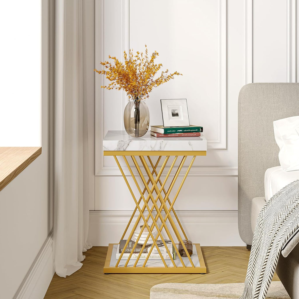 Tribesigns Square End Table White Gold 2-Tier Side Table Modern Small Bedside Tables with Storage for Couch, Sofa Side Tables with Stylish Metal Frame for Living Room (2, Faux Marble White+Gold)